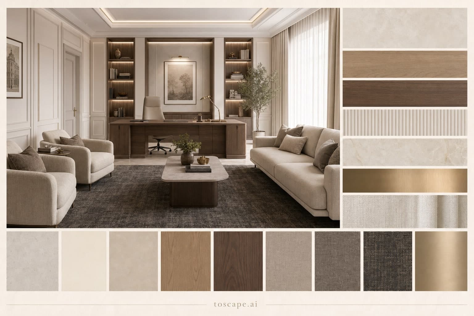 Neoclassic Light Luxury Office — Honed Stone interior moodboard plate