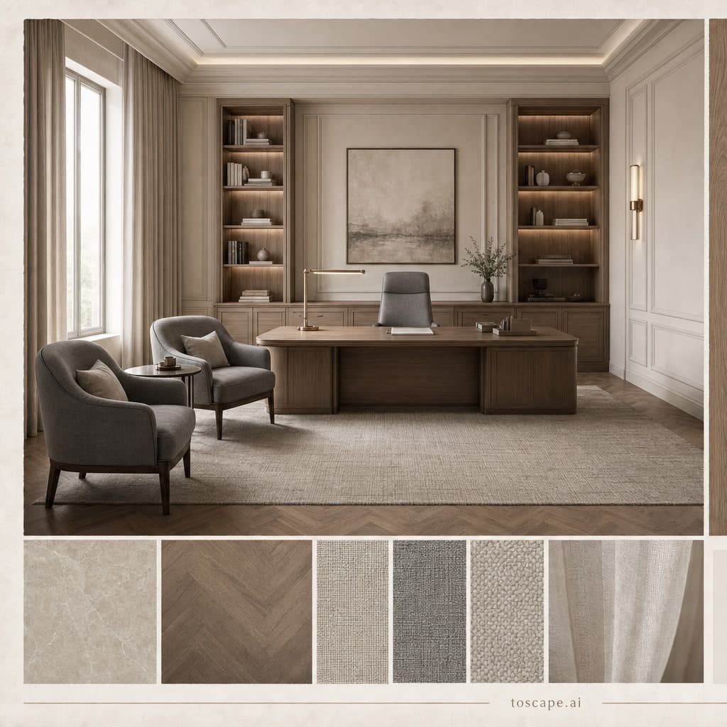 Neoclassic Warm Neutral Office — Brushed Metal interior moodboard card