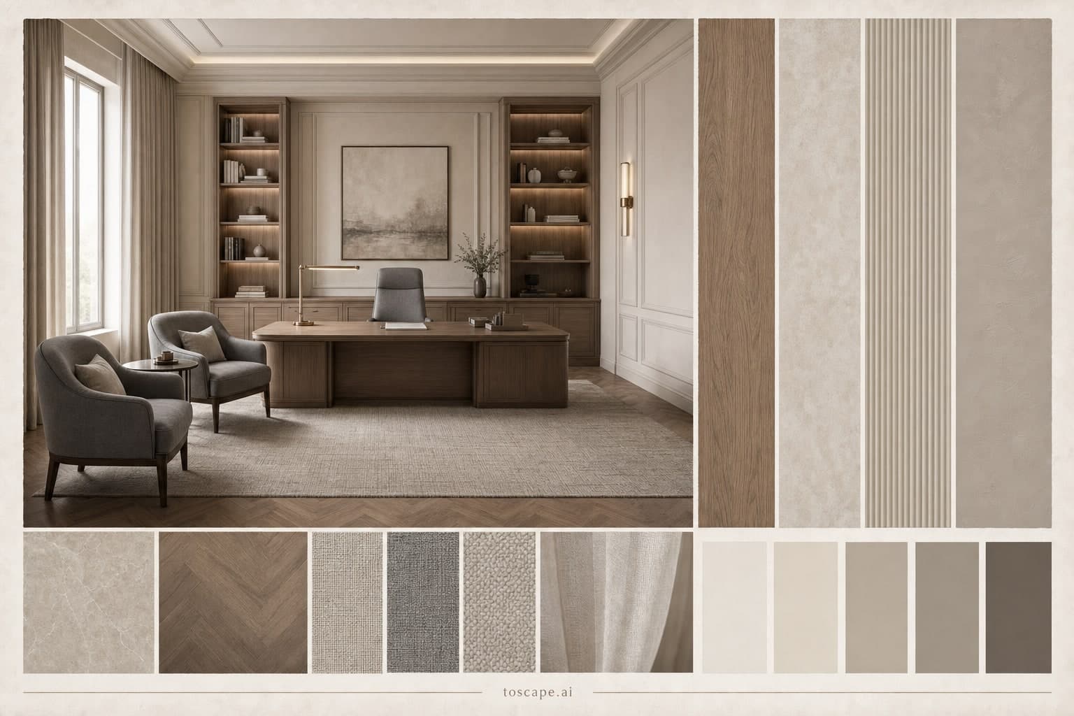 Neoclassic Warm Neutral Office — Brushed Metal interior moodboard plate