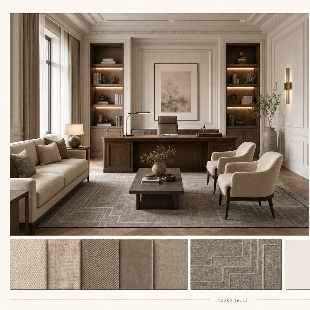 Neoclassic Warm Neutral Office — Matte interior moodboard card