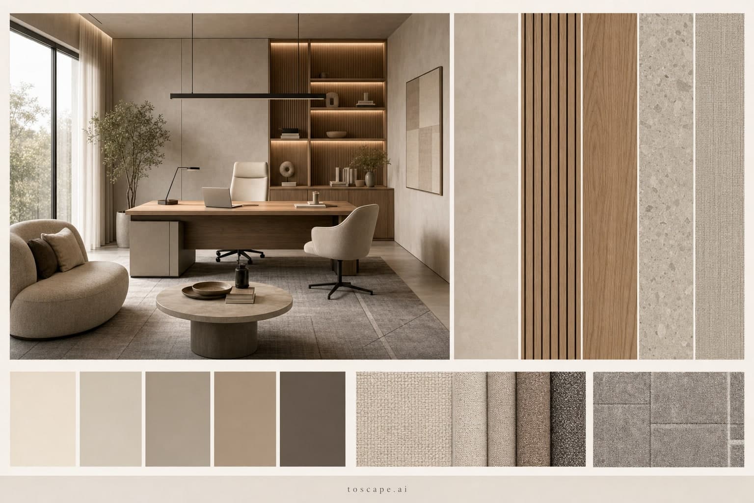 Modern Warm Neutral Office — Satin interior moodboard plate