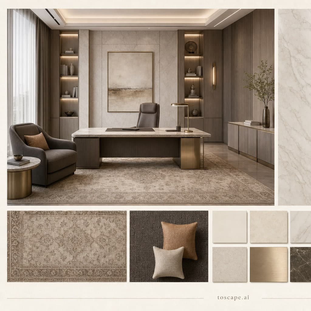 Modern Light Luxury Office — Honed Stone interior moodboard card