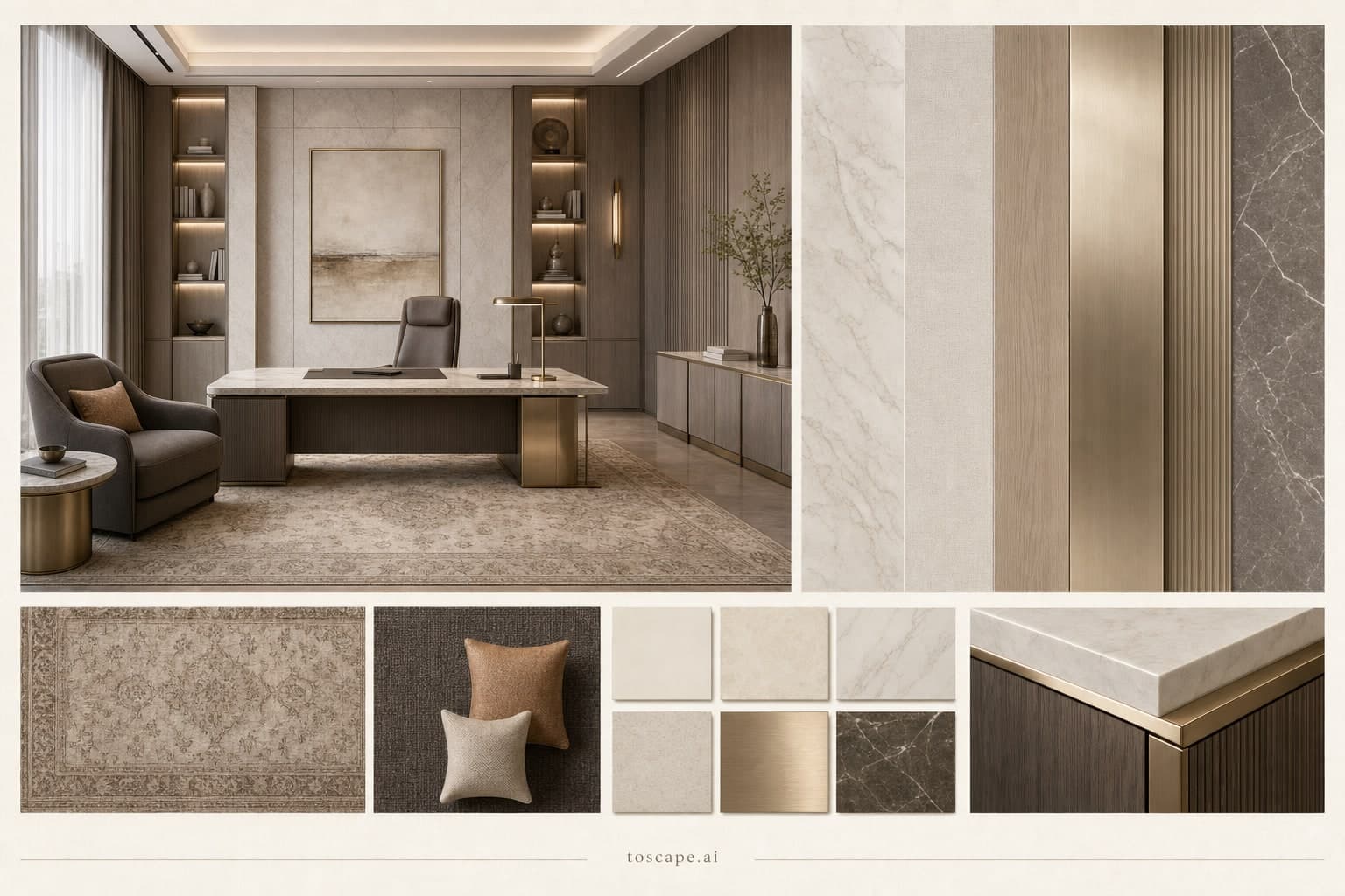 Modern Light Luxury Office — Honed Stone interior moodboard plate