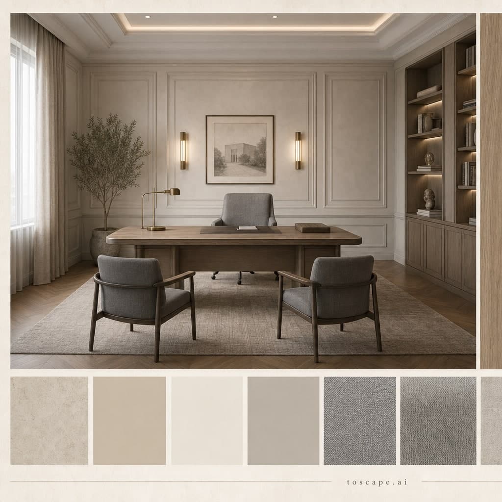 Neoclassic Warm Neutral Office — Brushed Metal interior moodboard card