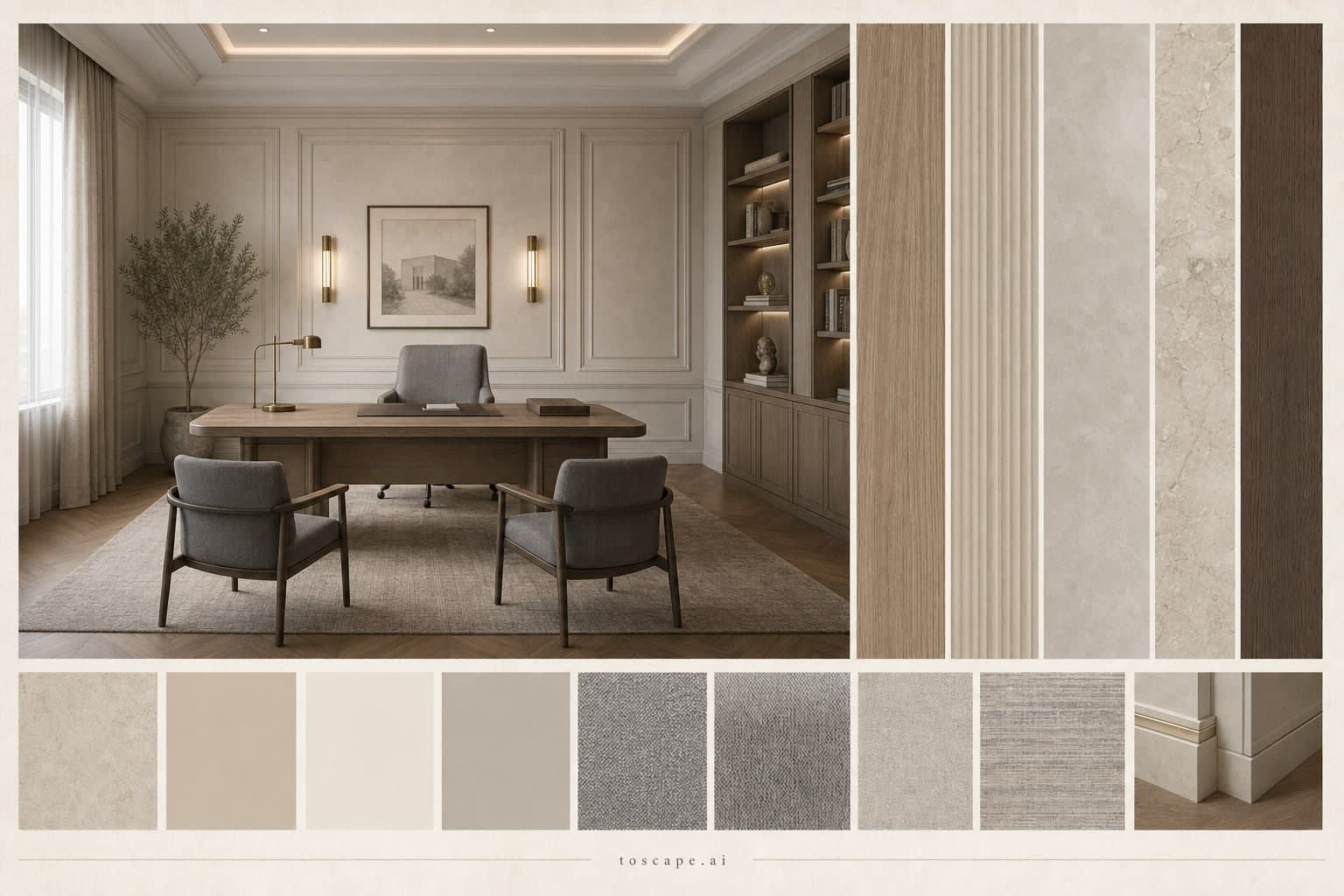 Neoclassic Warm Neutral Office — Brushed Metal interior moodboard plate