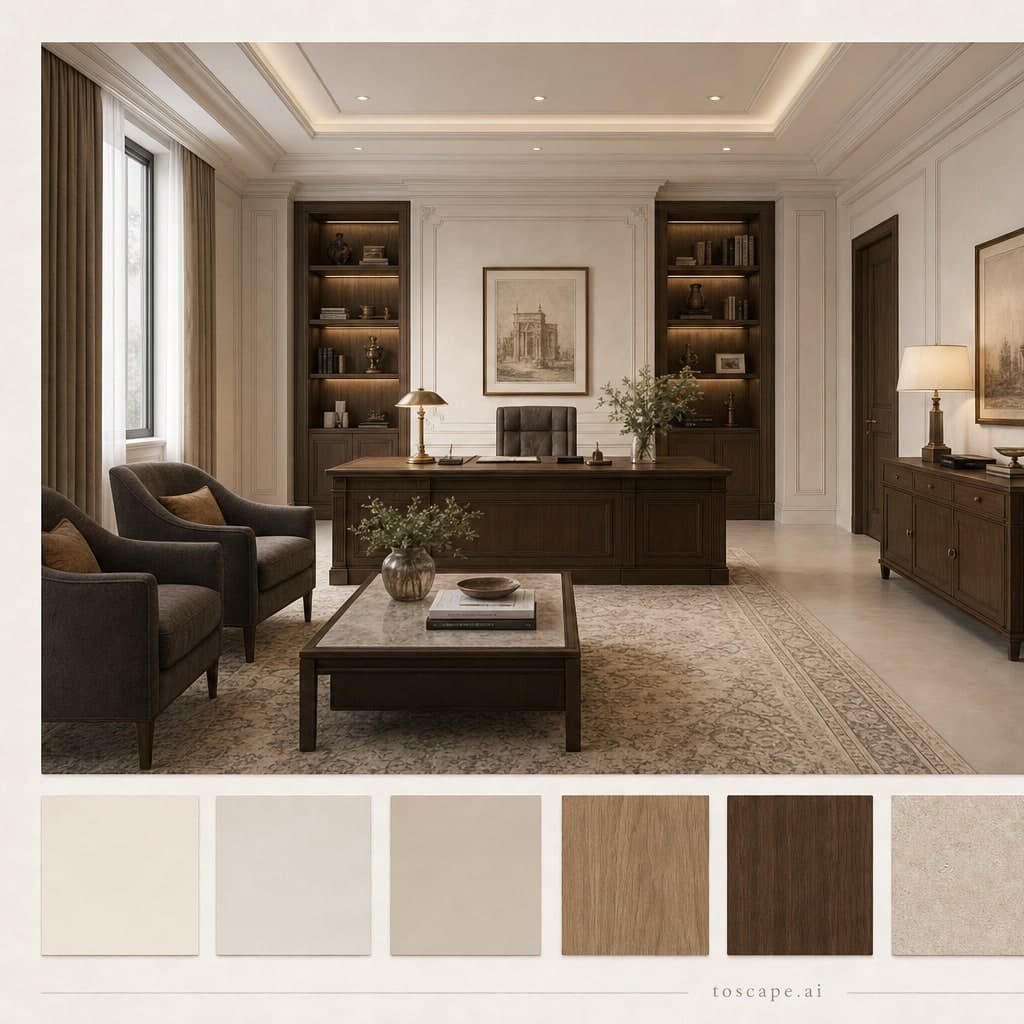 Neoclassic Light Luxury Office — Satin interior moodboard card