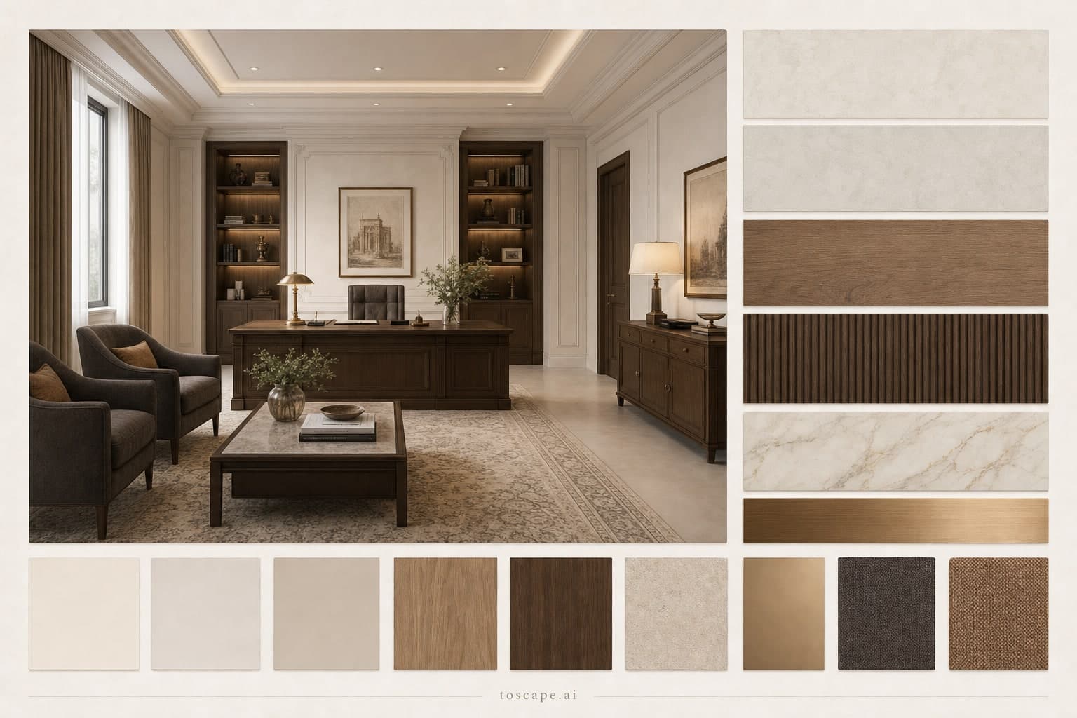 Neoclassic Light Luxury Office — Satin interior moodboard plate