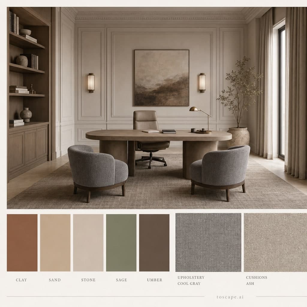 Neoclassic Earth Organic Office — Brushed Metal interior moodboard card