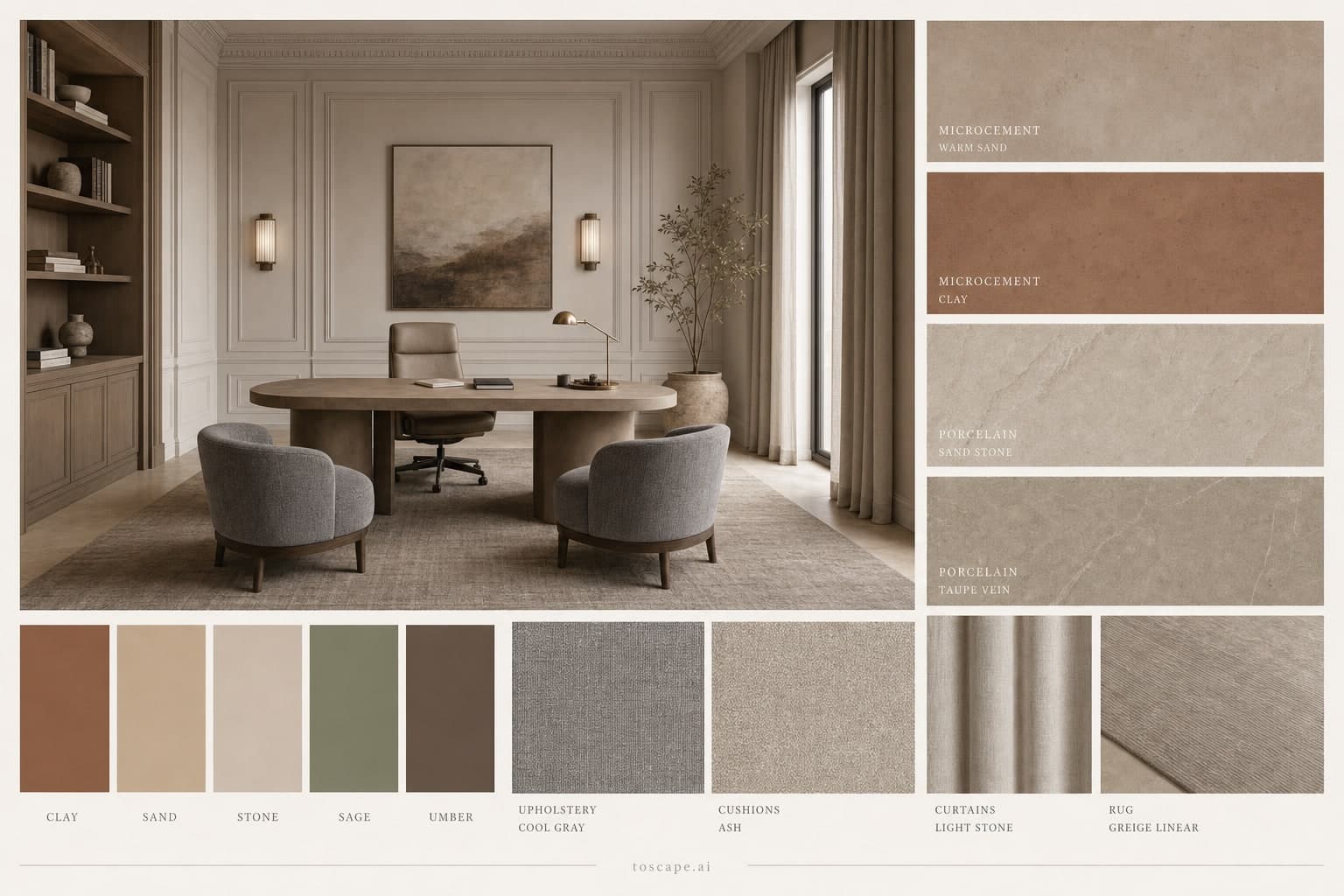 Neoclassic Earth Organic Office — Brushed Metal interior moodboard plate