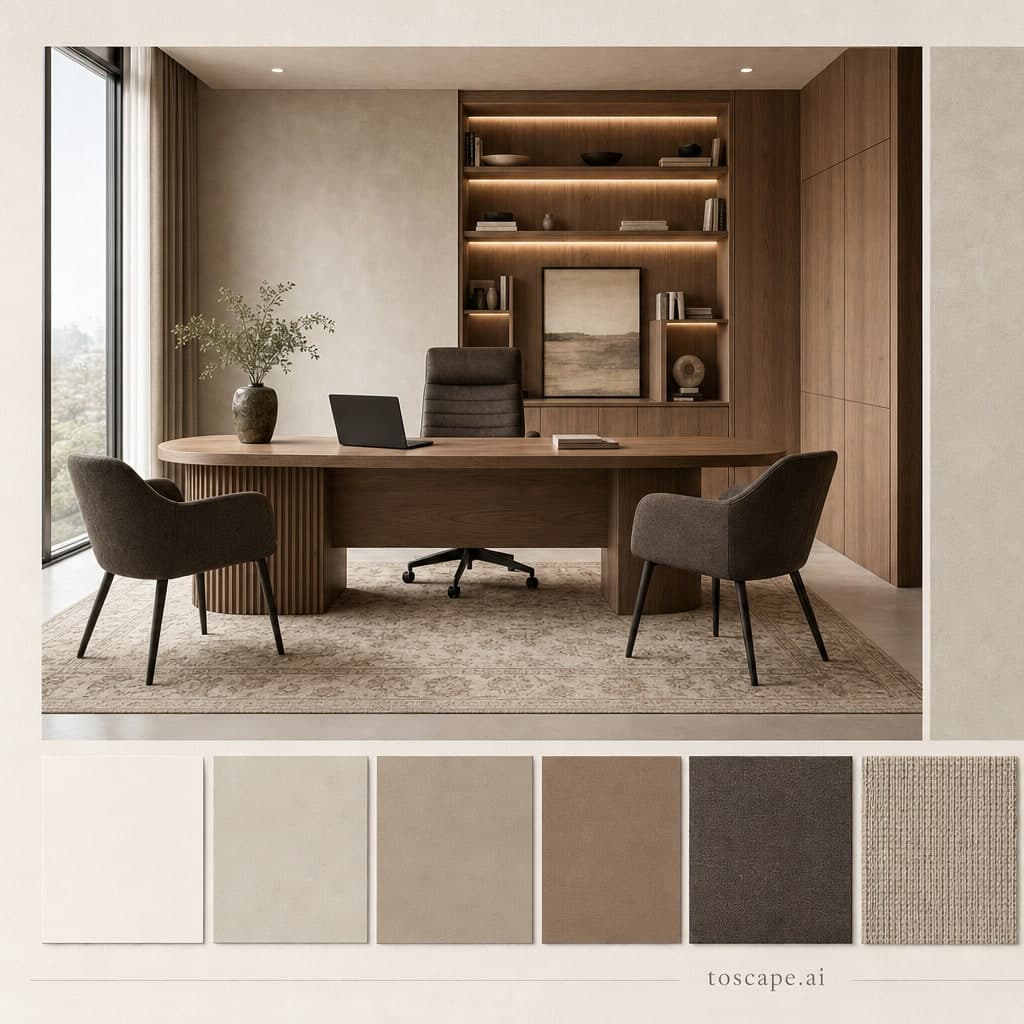 Modern Warm Neutral Office — Honed Stone interior moodboard card