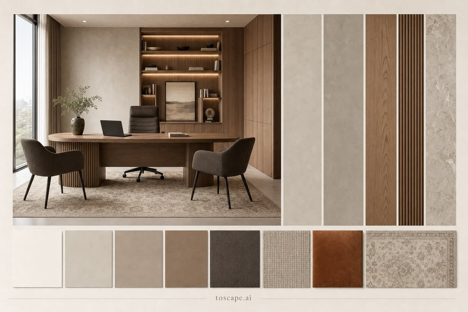 Modern Warm Neutral Office — Honed Stone interior moodboard plate