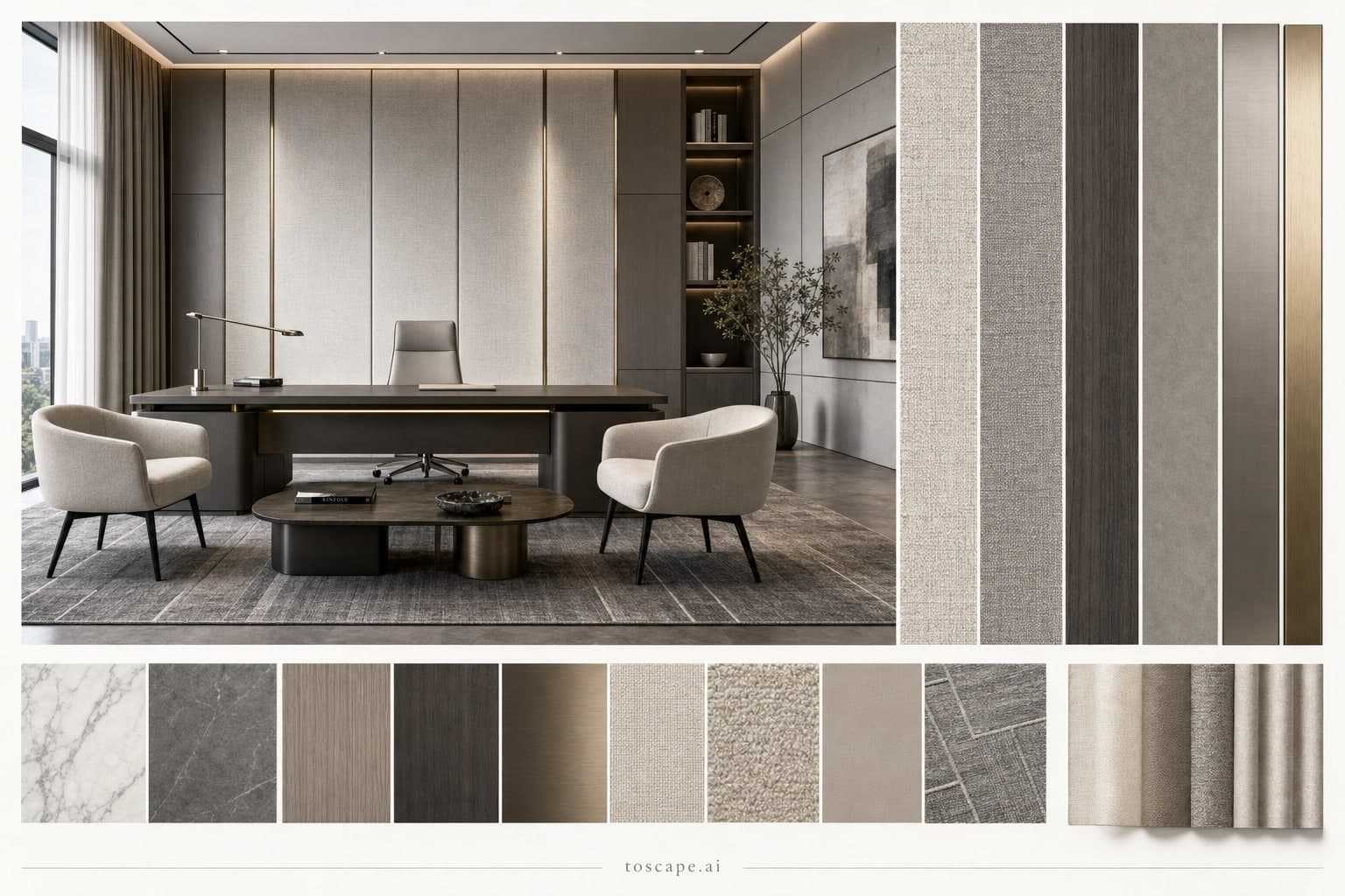 Modern Cool Neutral Office — Satin interior moodboard plate