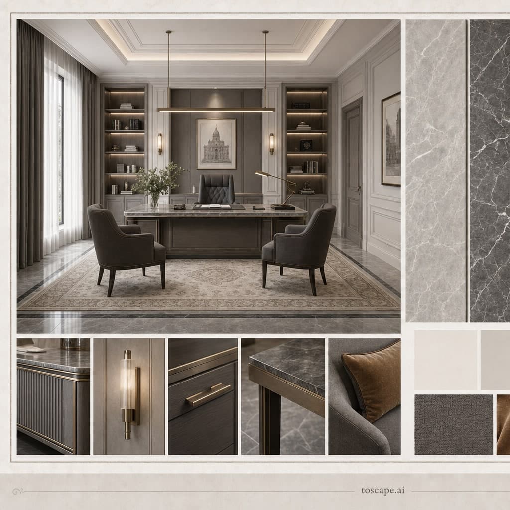 Neoclassic Cool Neutral Office — Satin interior moodboard card