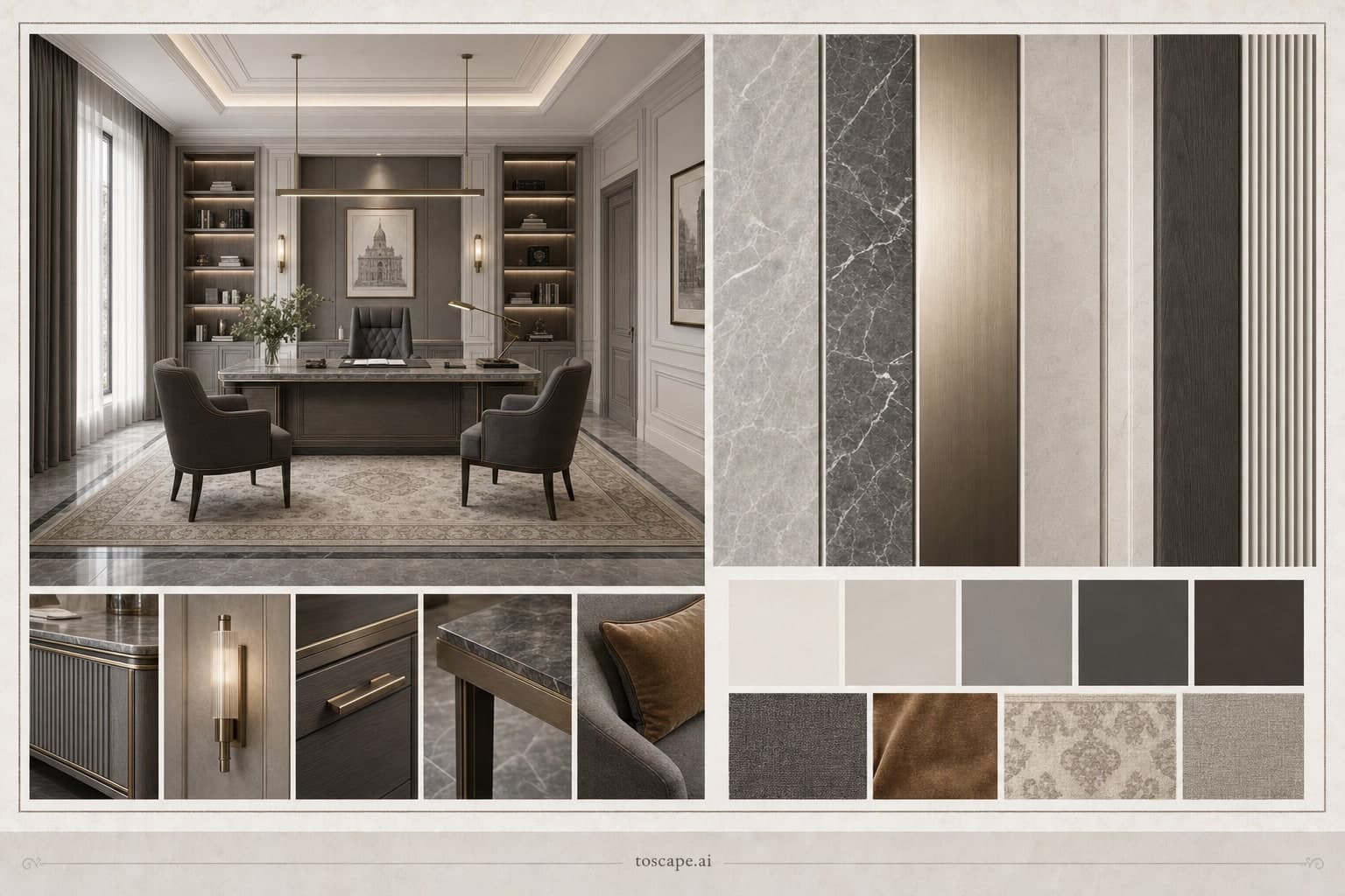 Neoclassic Cool Neutral Office — Satin interior moodboard plate