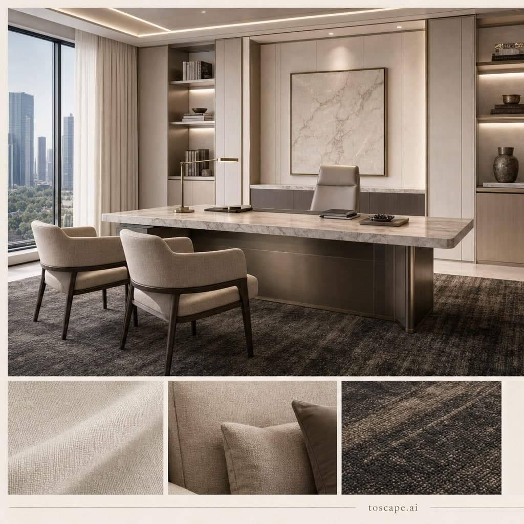 Modern Light Luxury Office — Brushed Metal interior moodboard card