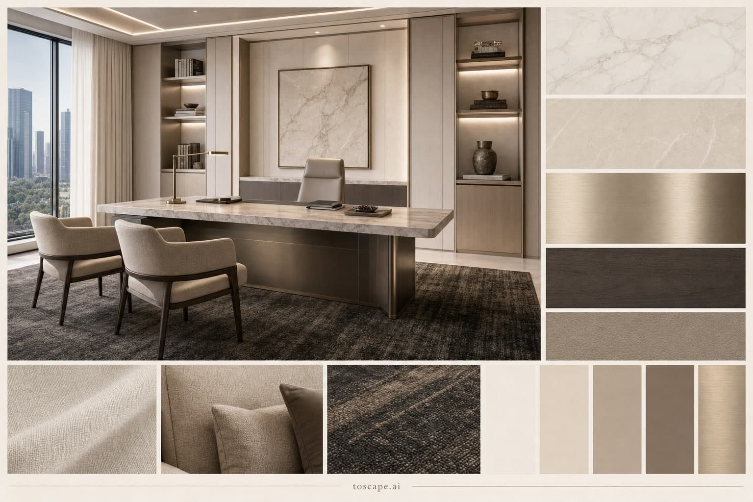 Modern Light Luxury Office — Brushed Metal interior moodboard plate