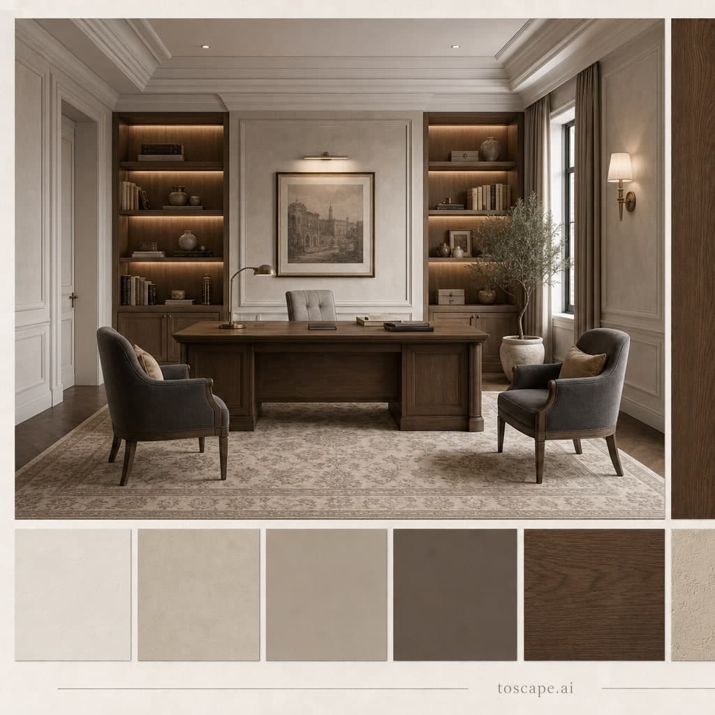 Neoclassic Warm Neutral Office — Satin interior moodboard card