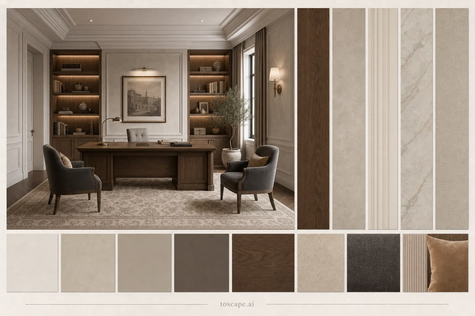 Neoclassic Warm Neutral Office — Satin interior moodboard plate