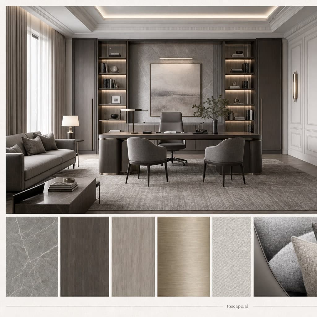 Neoclassic Cool Neutral Office — Brushed Metal interior moodboard card