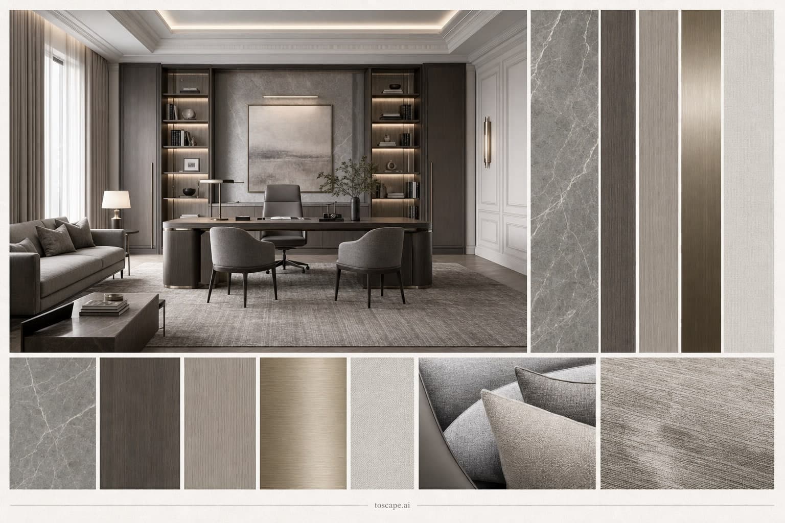 Neoclassic Cool Neutral Office — Brushed Metal interior moodboard plate