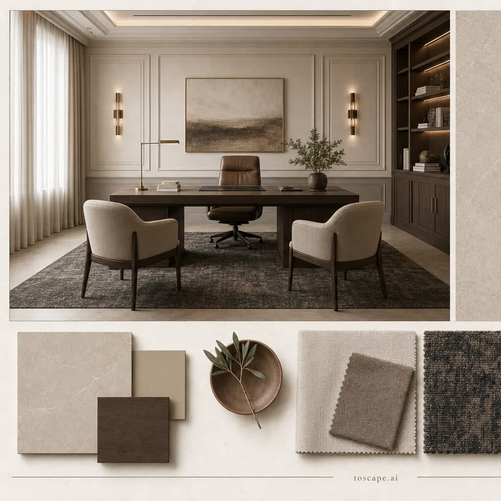 Neoclassic Earth Organic Office — Honed Stone interior moodboard card