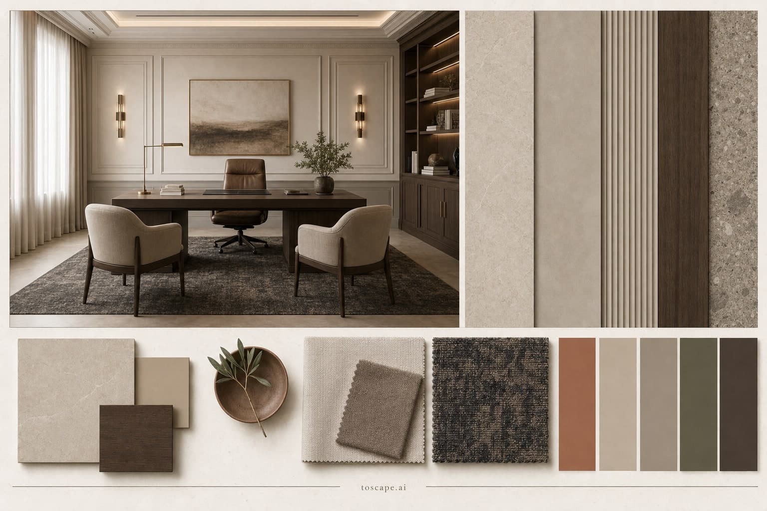 Neoclassic Earth Organic Office — Honed Stone interior moodboard plate