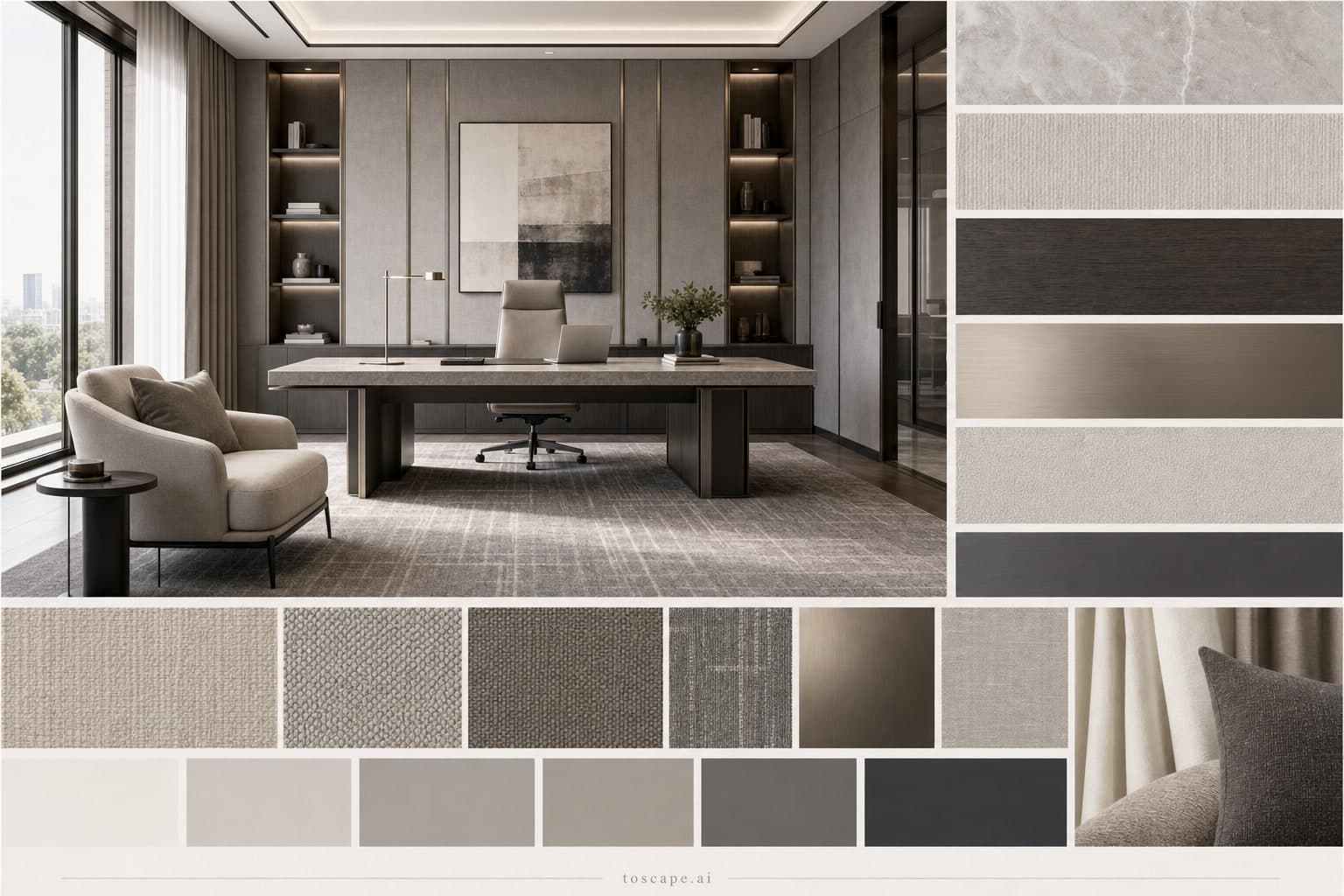 Modern Cool Neutral Office — Satin interior moodboard plate