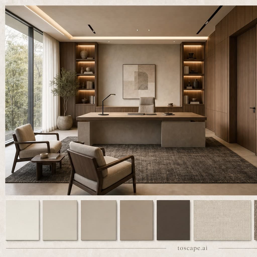 Modern Warm Neutral Office — Brushed Metal interior moodboard card