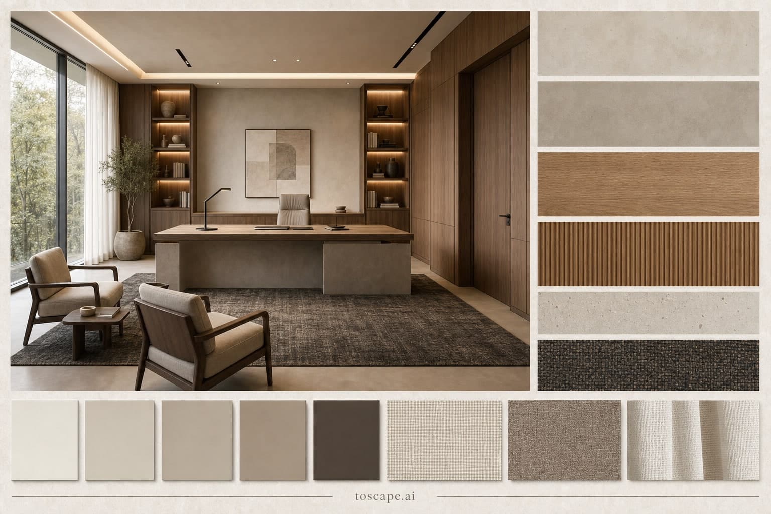 Modern Warm Neutral Office — Brushed Metal interior moodboard plate