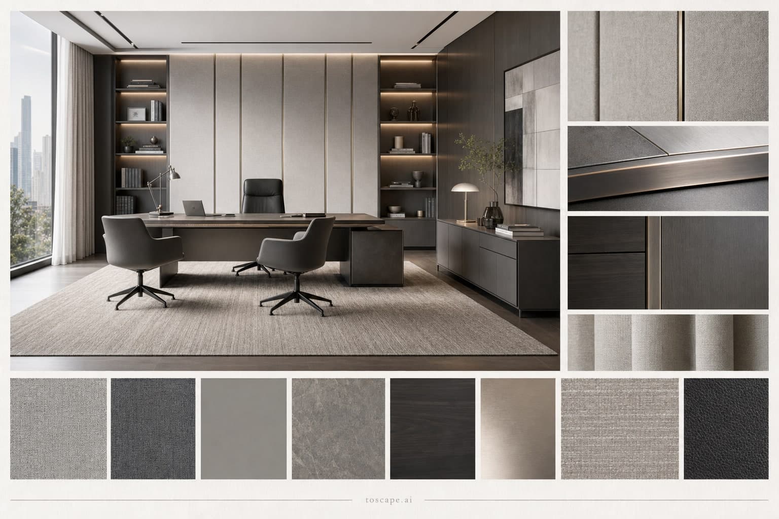 Modern Cool Neutral Office — Matte interior moodboard plate