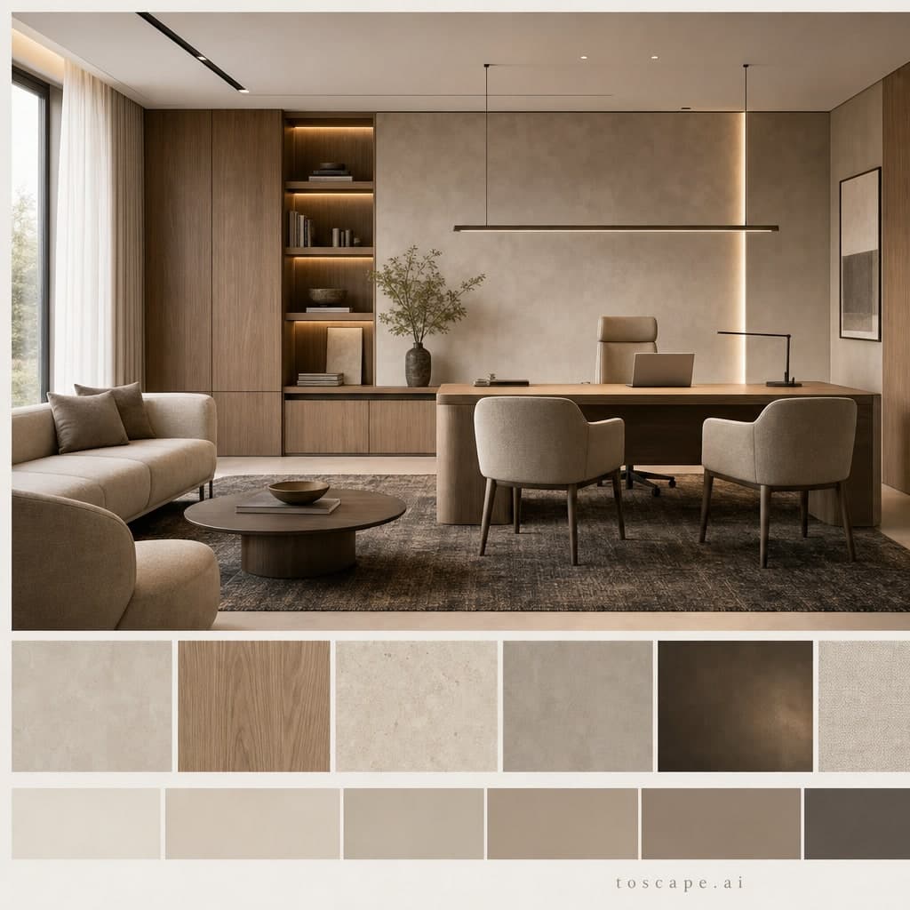 Modern Warm Neutral Office — Brushed Metal interior moodboard card