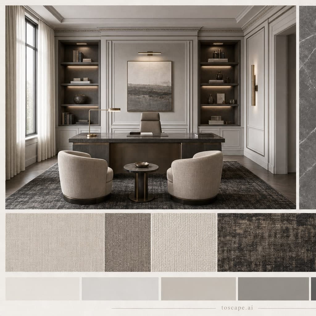 Neoclassic Cool Neutral Office — Honed Stone interior moodboard card