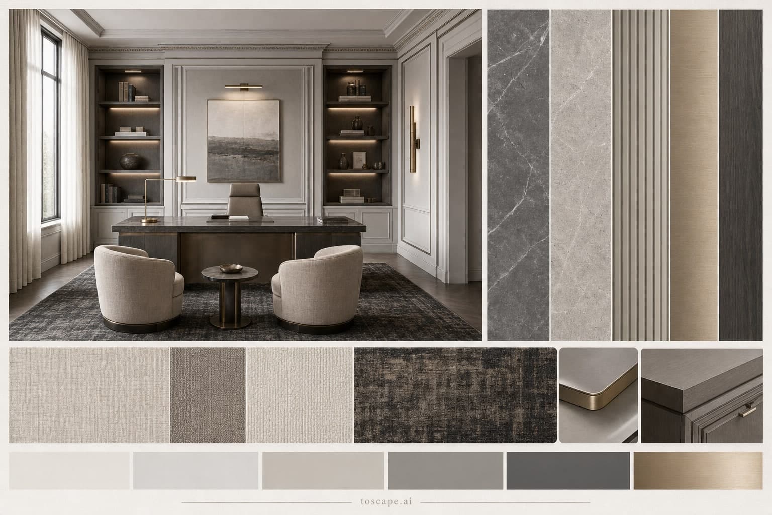 Neoclassic Cool Neutral Office — Honed Stone interior moodboard plate