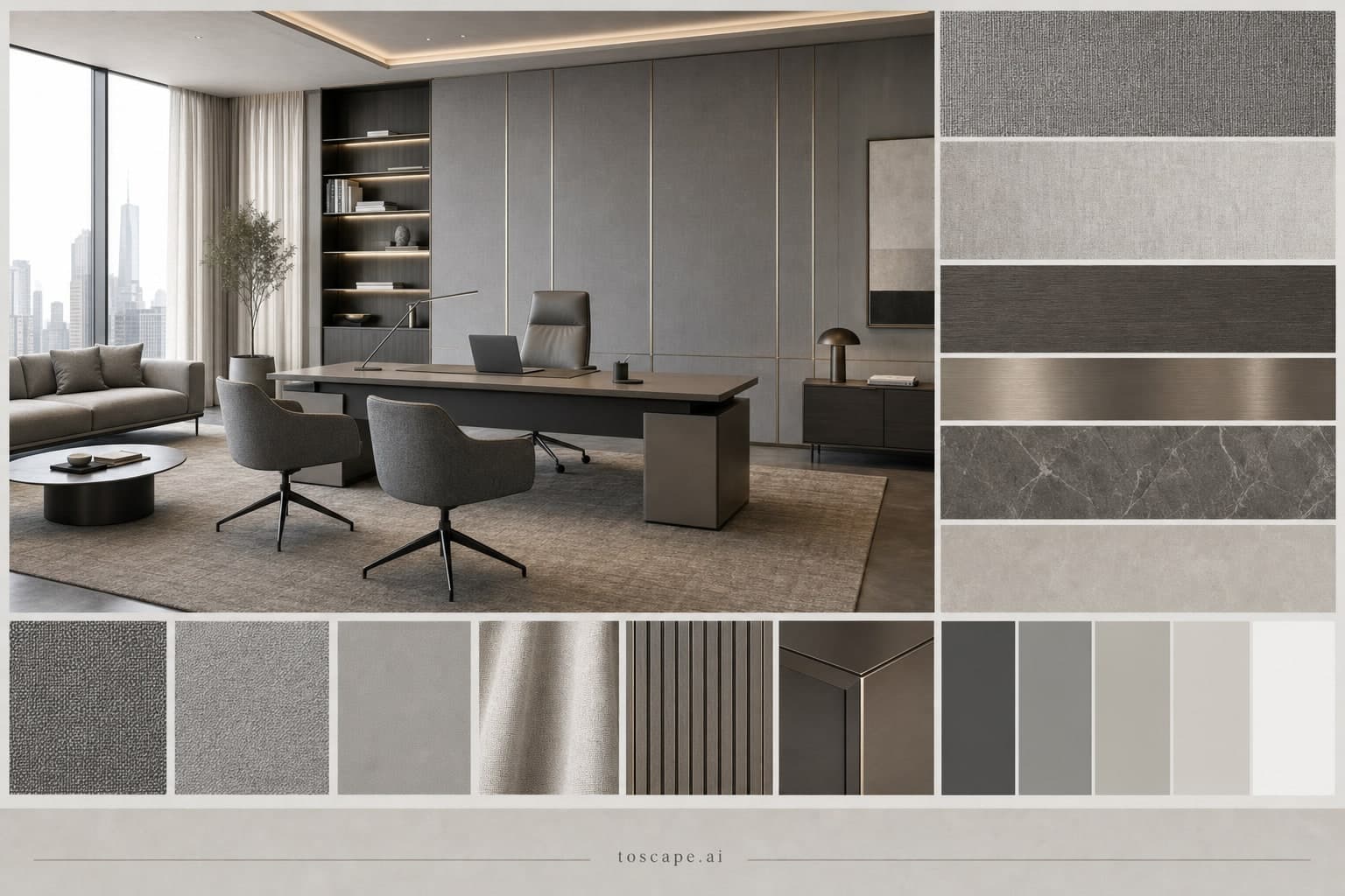 Modern Cool Neutral Office — Matte interior moodboard plate