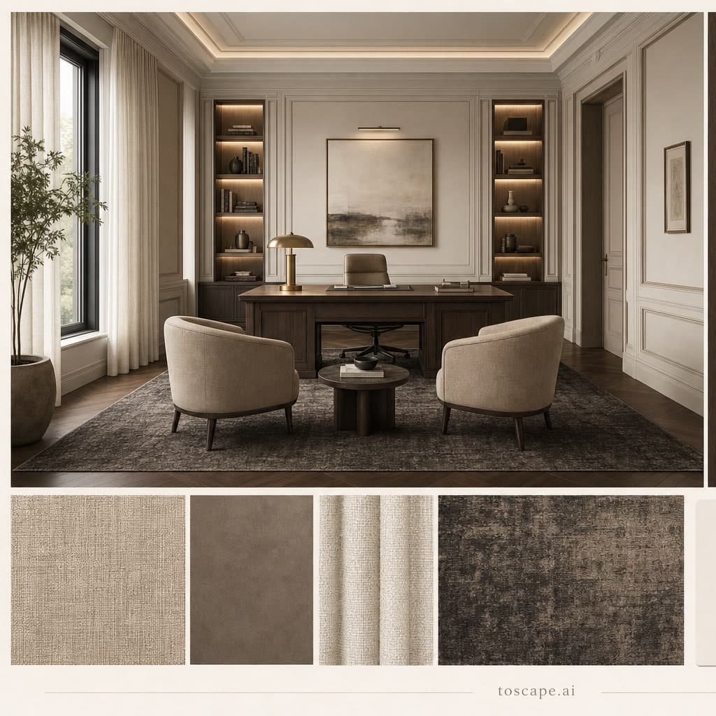 Neoclassic Warm Neutral Office — Honed Stone interior moodboard card