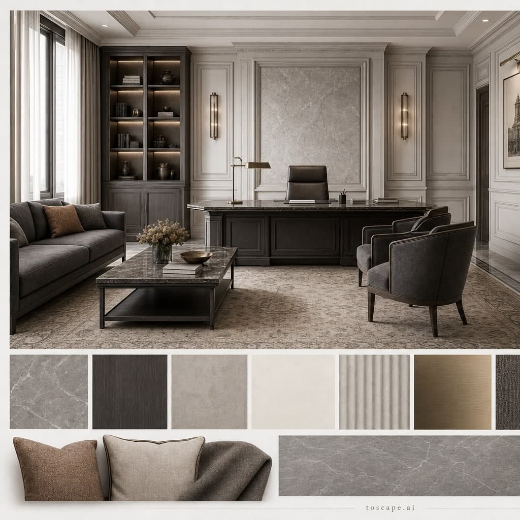 Neoclassic Cool Neutral Office — Satin interior moodboard card