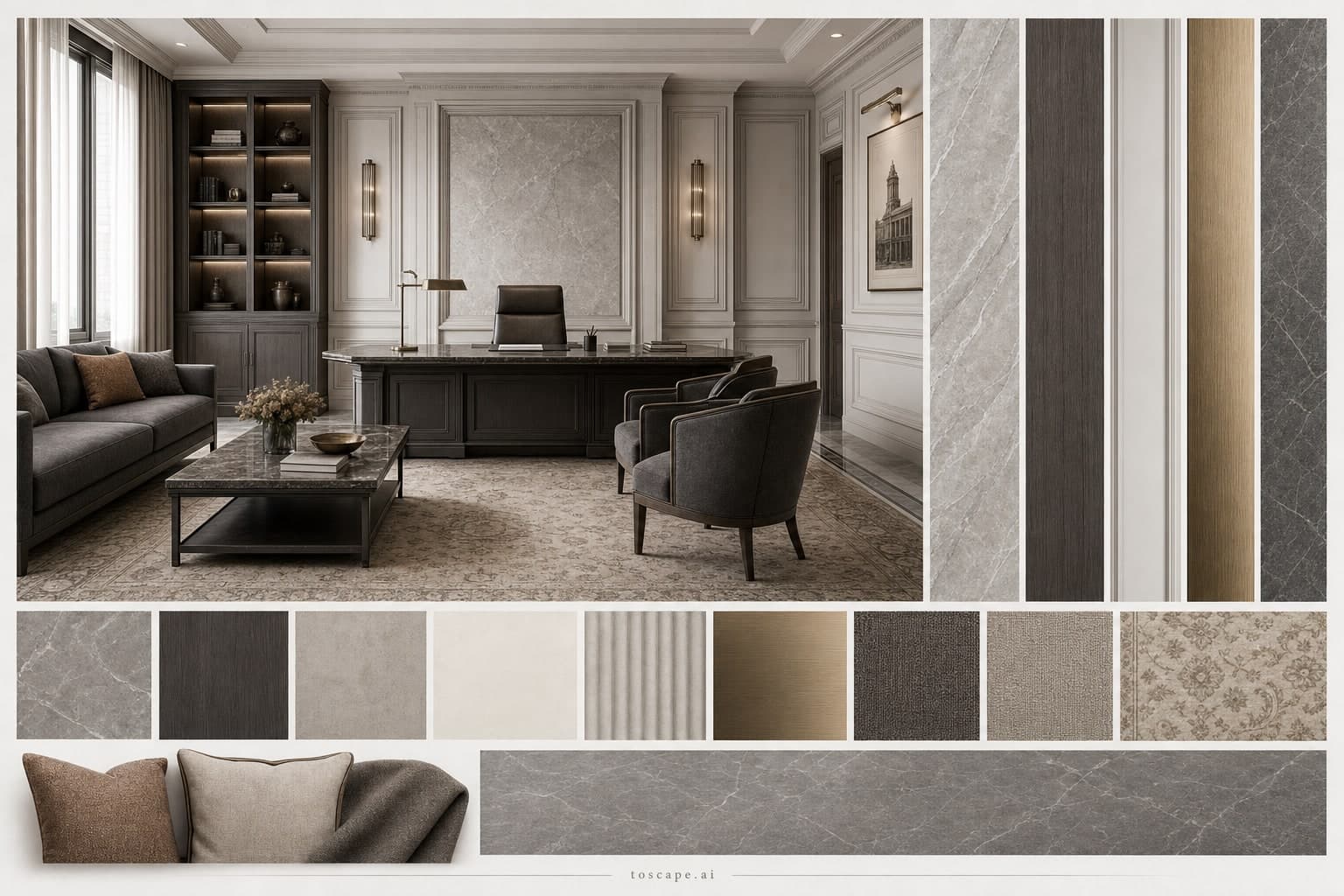 Neoclassic Cool Neutral Office — Satin interior moodboard plate