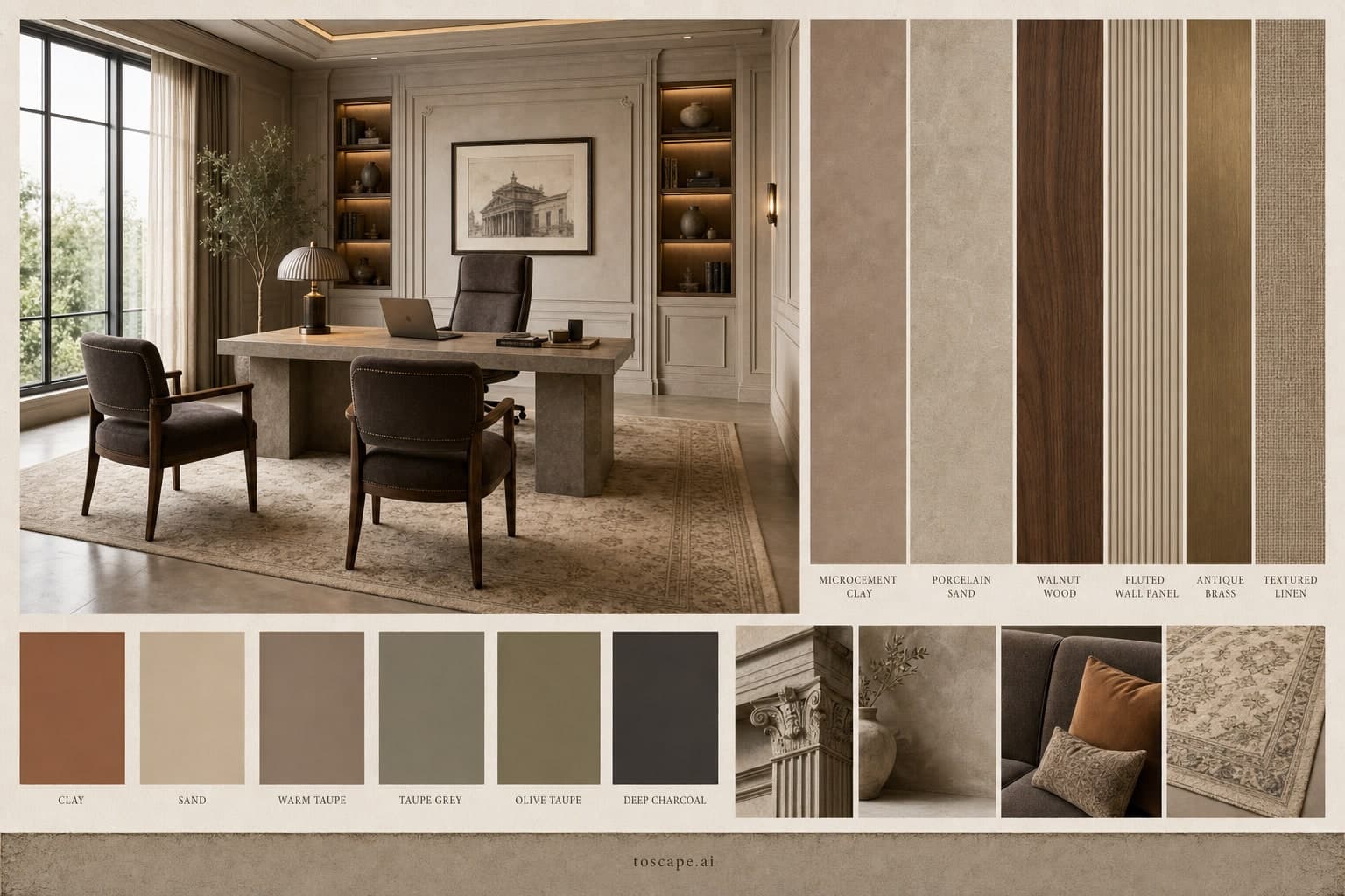 Neoclassic Earth Organic Office — Satin interior moodboard plate
