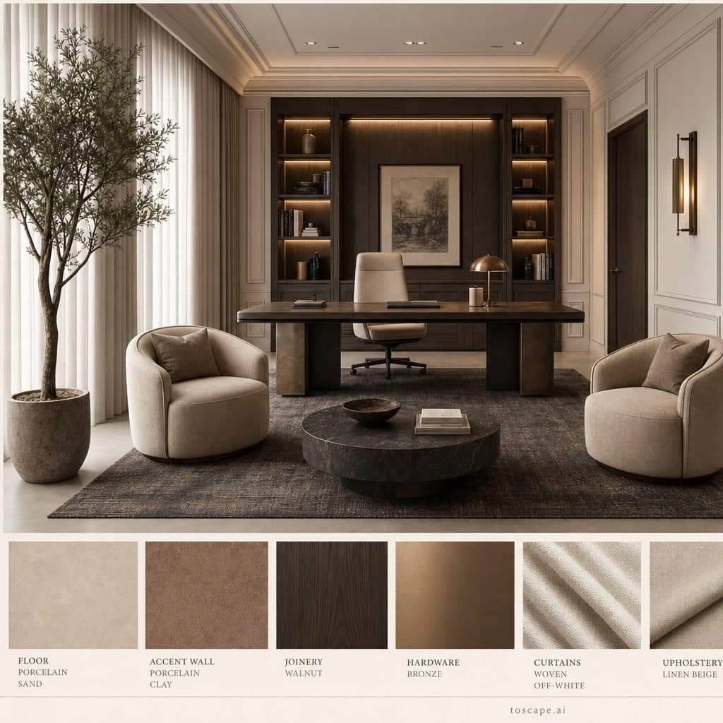 Neoclassic Earth Organic Office — Honed Stone interior moodboard card