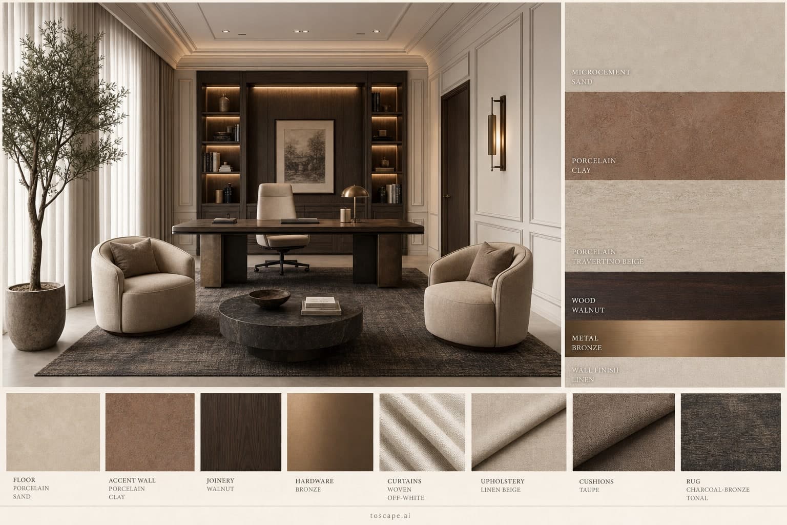 Neoclassic Earth Organic Office — Honed Stone interior moodboard plate