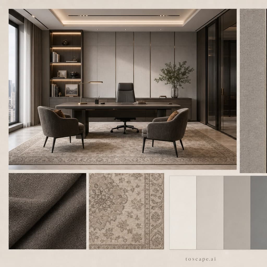 Modern Cool Neutral Office — Honed Stone interior moodboard card
