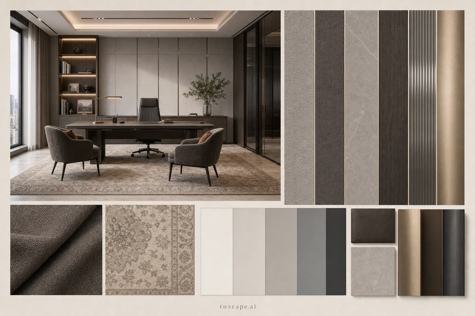 Modern Cool Neutral Office — Honed Stone interior moodboard plate