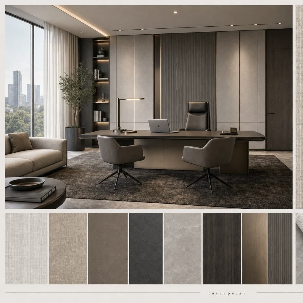 Modern Cool Neutral Office — Brushed Metal interior moodboard card