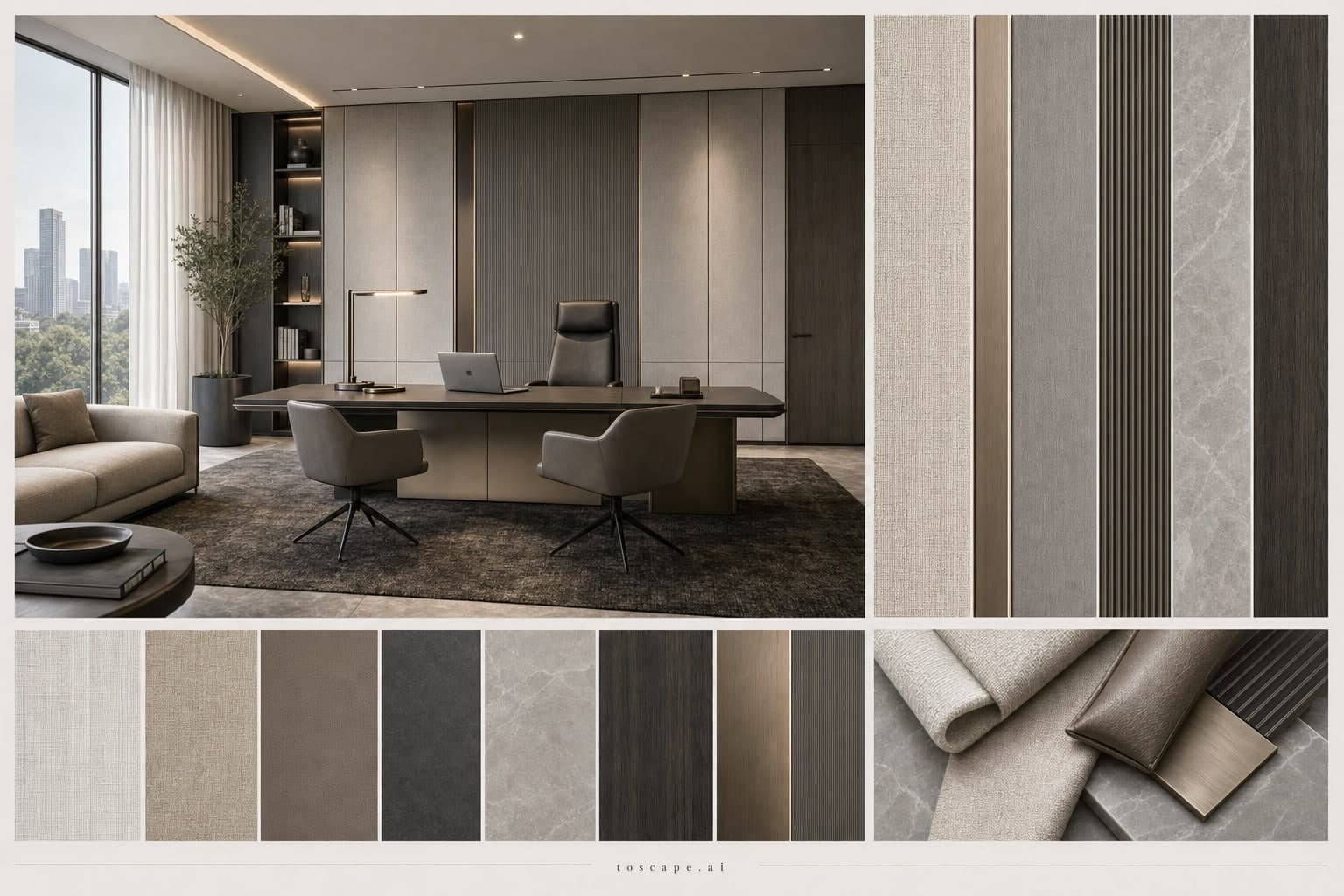 Modern Cool Neutral Office — Brushed Metal interior moodboard plate