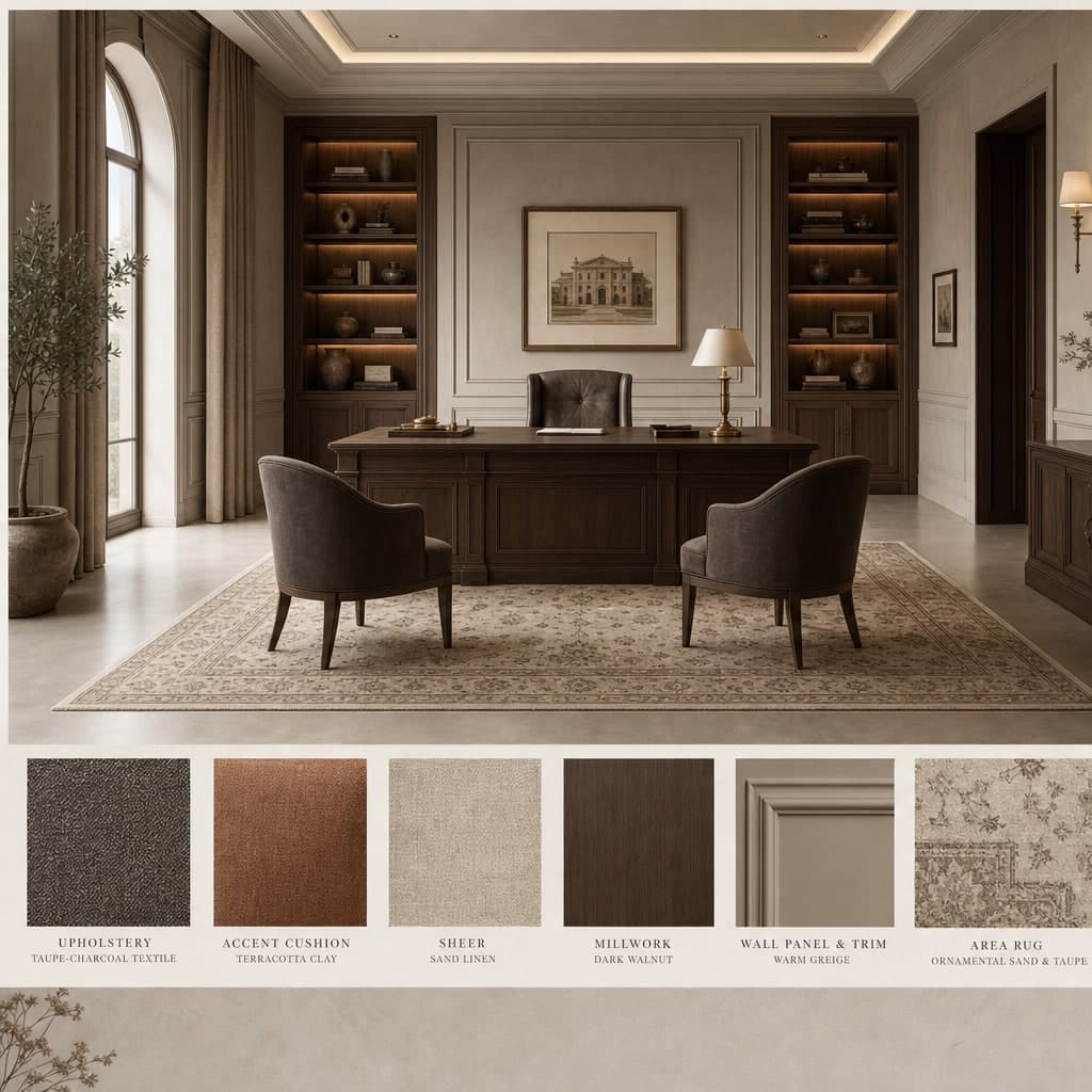 Neoclassic Earth Organic Office — Satin interior moodboard card