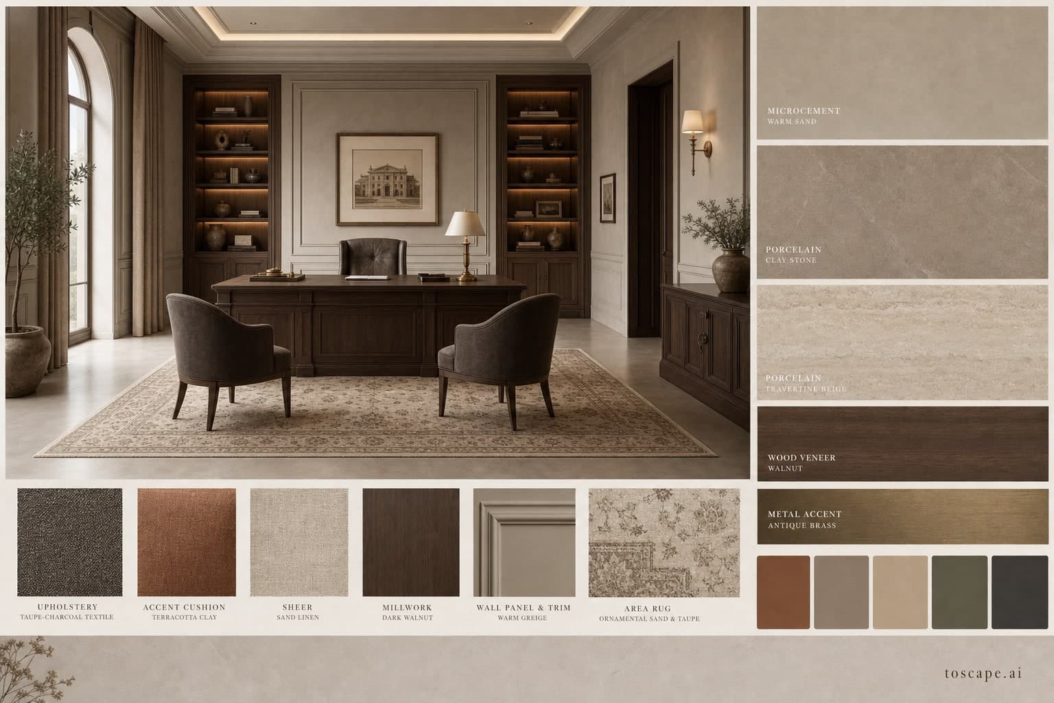 Neoclassic Earth Organic Office — Satin interior moodboard plate
