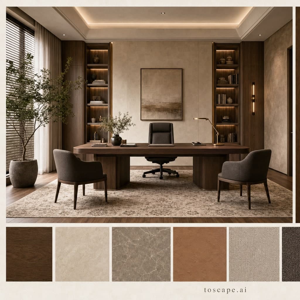 Modern Earth Organic Office — Honed Stone interior moodboard card