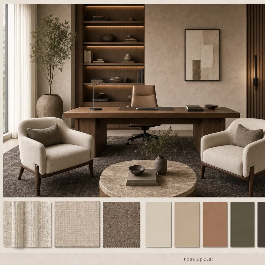 Modern Earth Organic Office — Brushed Metal interior moodboard card