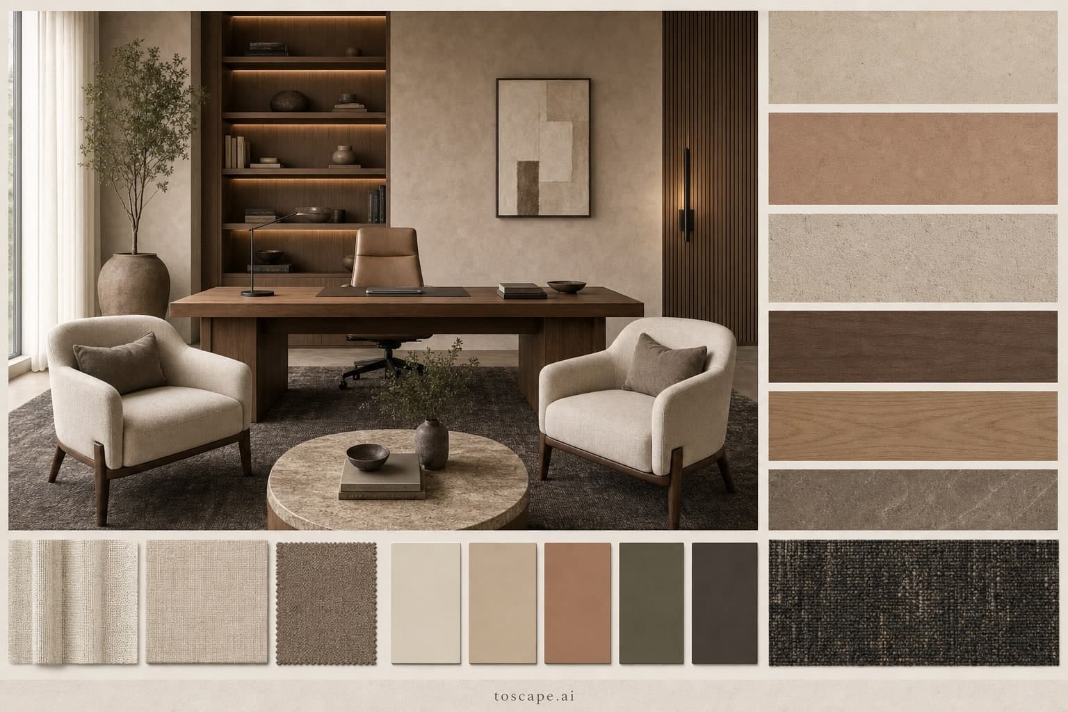 Modern Earth Organic Office — Brushed Metal interior moodboard plate