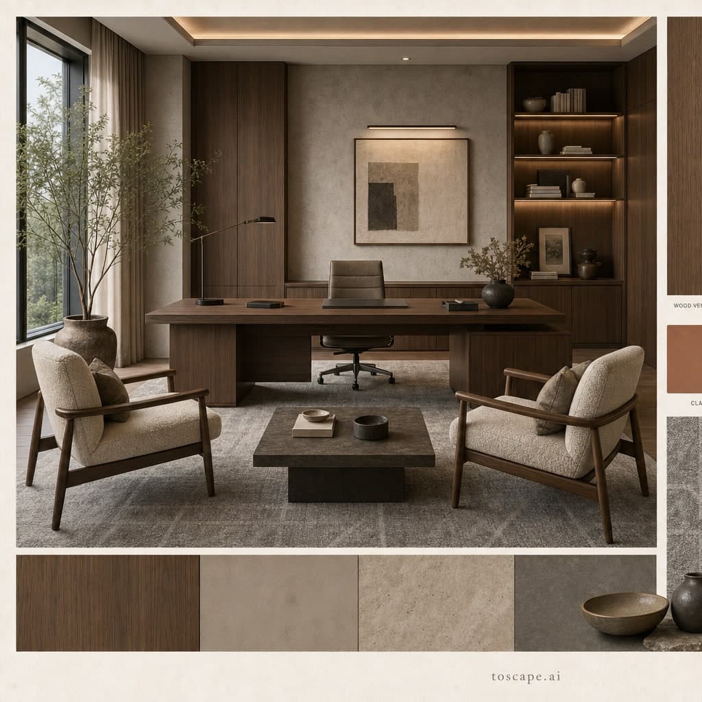 Modern Earth Organic Office — Satin interior moodboard card